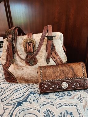 American Darling Brown Haircalf Tote with Tooled Leather Trim